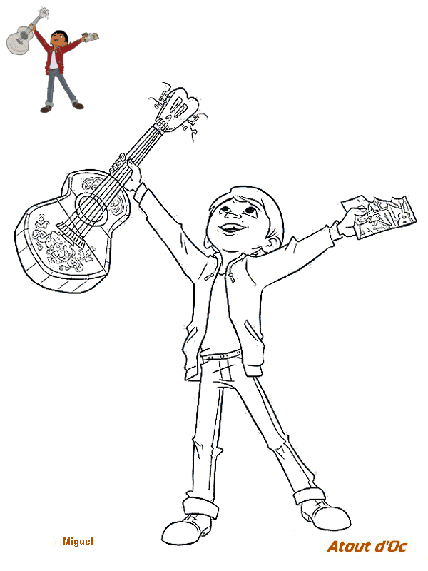 Coloriage Miguel Rivera Guitariste Cherche Son Idole - Coco Disney à imprimer